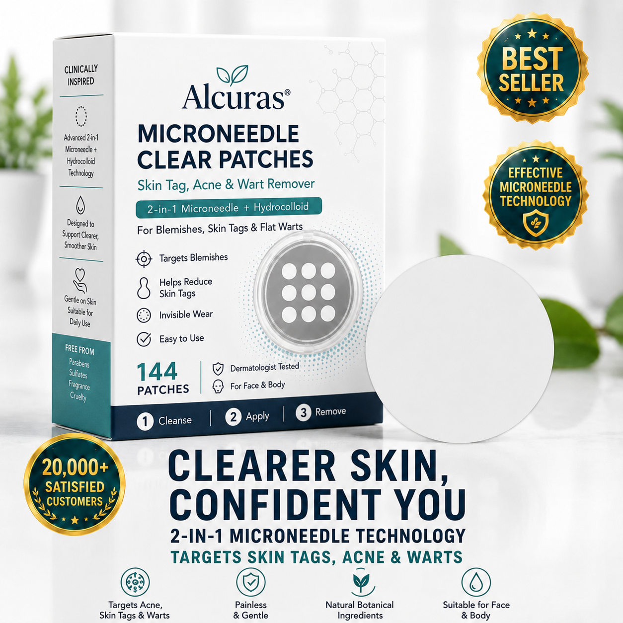 ✨Alcuras® 2-in-1 Microneedle & Hydrocolloid Patch🍀| Removes Raised Moles, Acne, Flat Warts & Skin Tags | Helps Improve Wrinkles, Scars & Blemishes | Invisible Patches for Face & Body