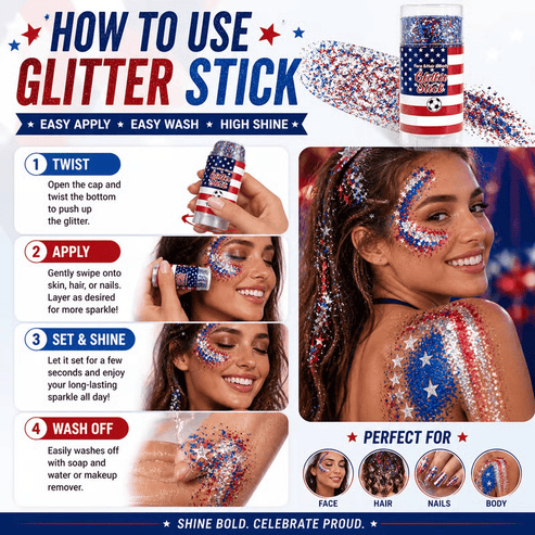 🔥Last Day 70% OFF🦅4th of July Glitter Stick✨🔔Red, White & Blue Body & Hair Sparkle